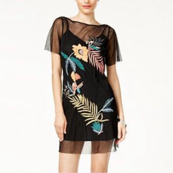 Guess Jimena Tropic Floral Embroidered Black Dress Medium - Picture 2 of 13